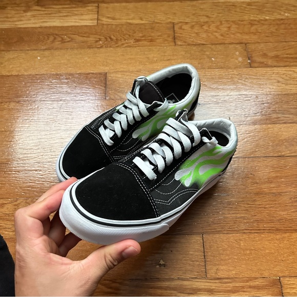 Womens Green Flamed Vans Old Skool Low Tops - Picture 4 of 9